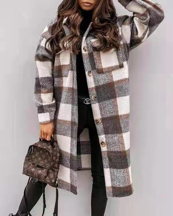 Spring And Autumn New Women's Plaid Brushed Medium Long Woolen Coat - Hey Love Boutique