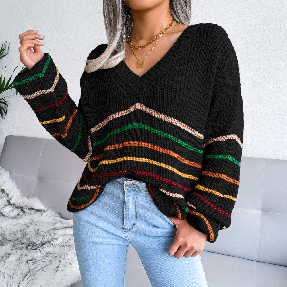 Rainbow Stripes Loose Sweater - Hey Love Boutique