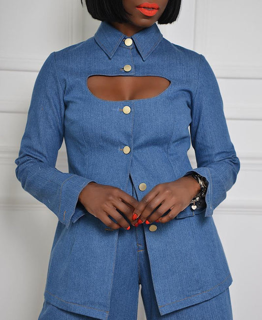 Open Chested Faux Denim Top And Pants Two Piece Set