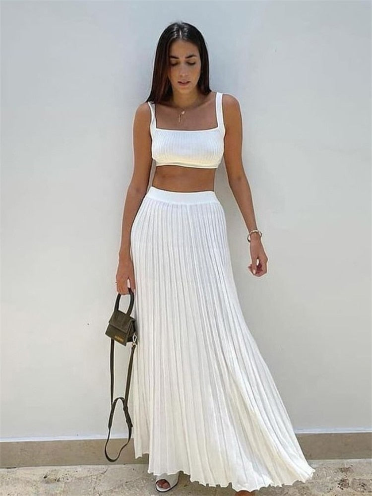 Ribbed Tank Top And Pleated Knitted Skirt Set