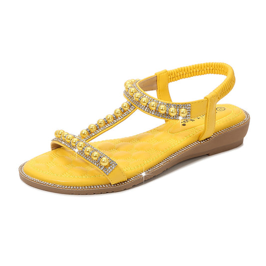 Hand-String Pearl I-Shaped Flat Sandals