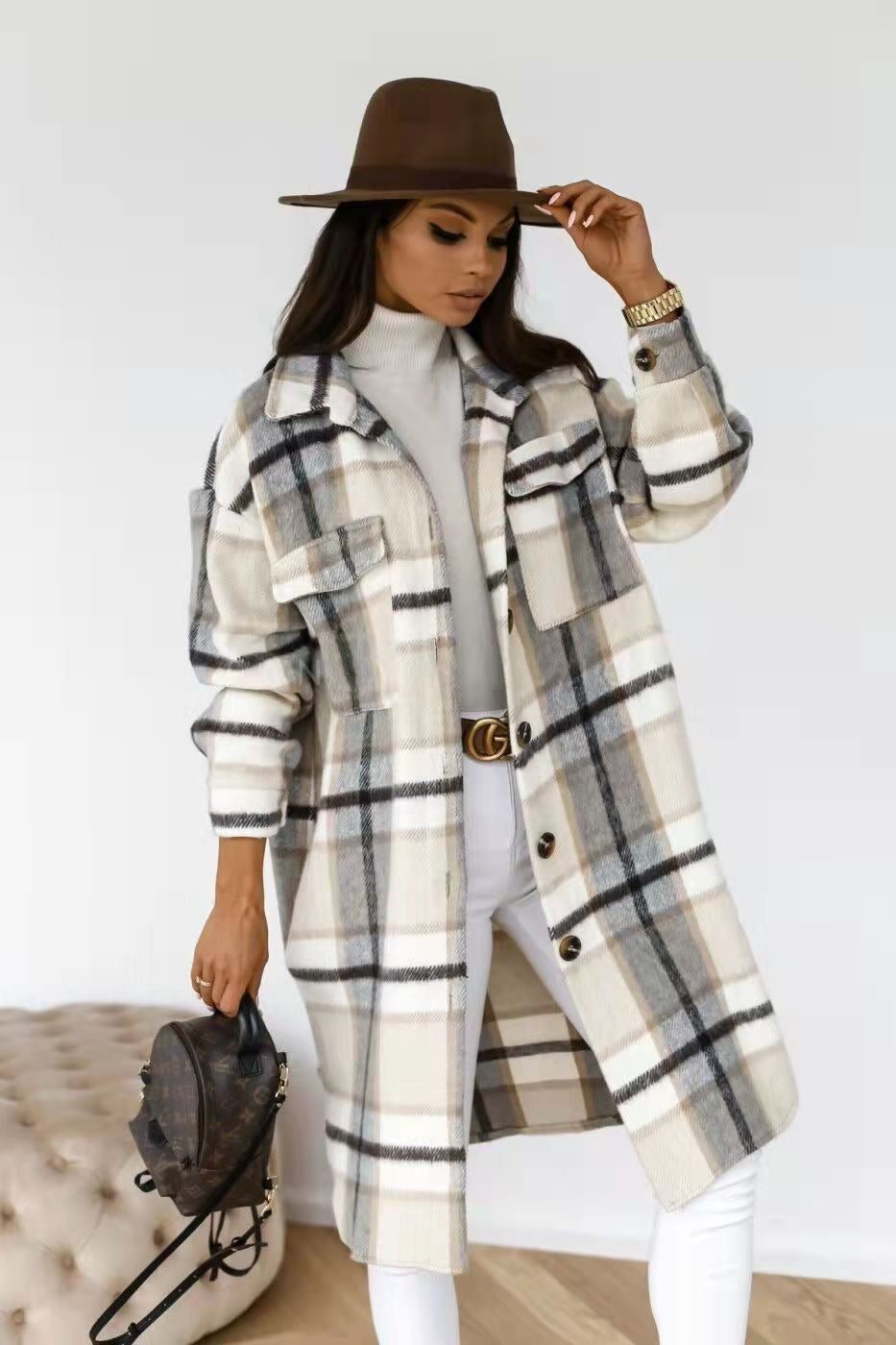 Spring And Autumn New Women's Plaid Brushed Medium Long Woolen Coat - Hey Love Boutique