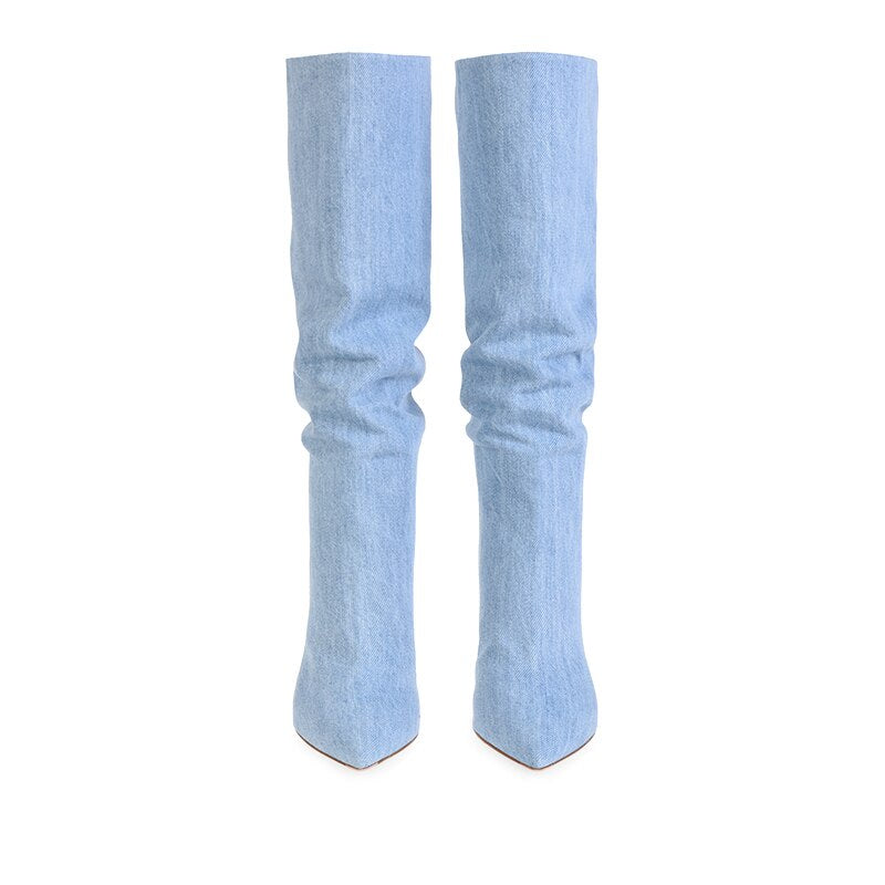 Denim Knee High Slouchy Boots