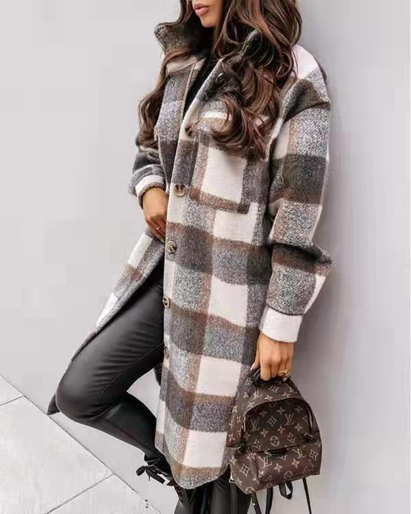 Spring And Autumn New Women's Plaid Brushed Medium Long Woolen Coat - Hey Love Boutique