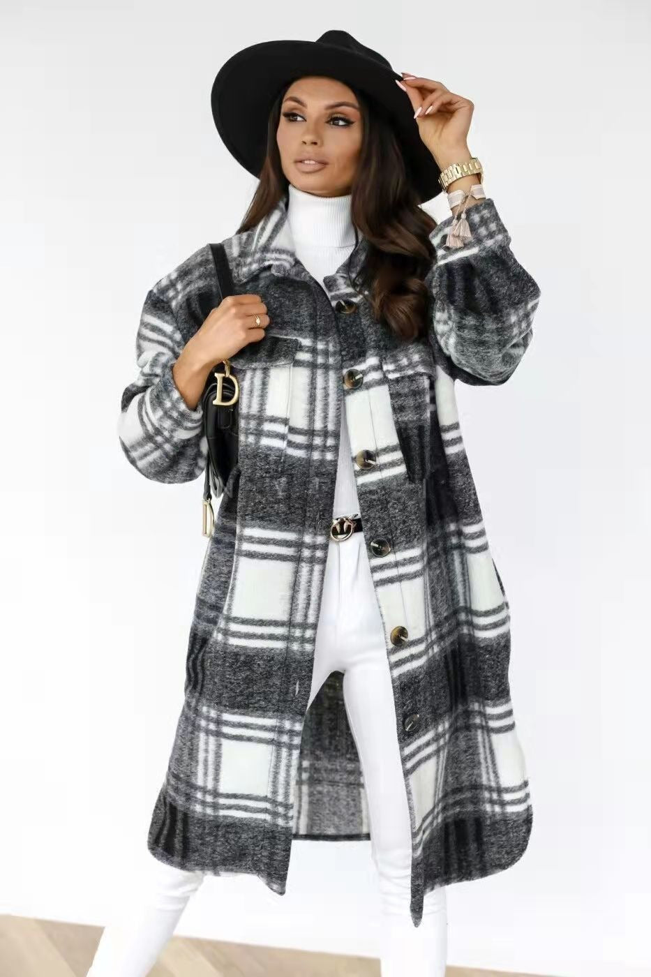 Spring And Autumn New Women's Plaid Brushed Medium Long Woolen Coat - Hey Love Boutique