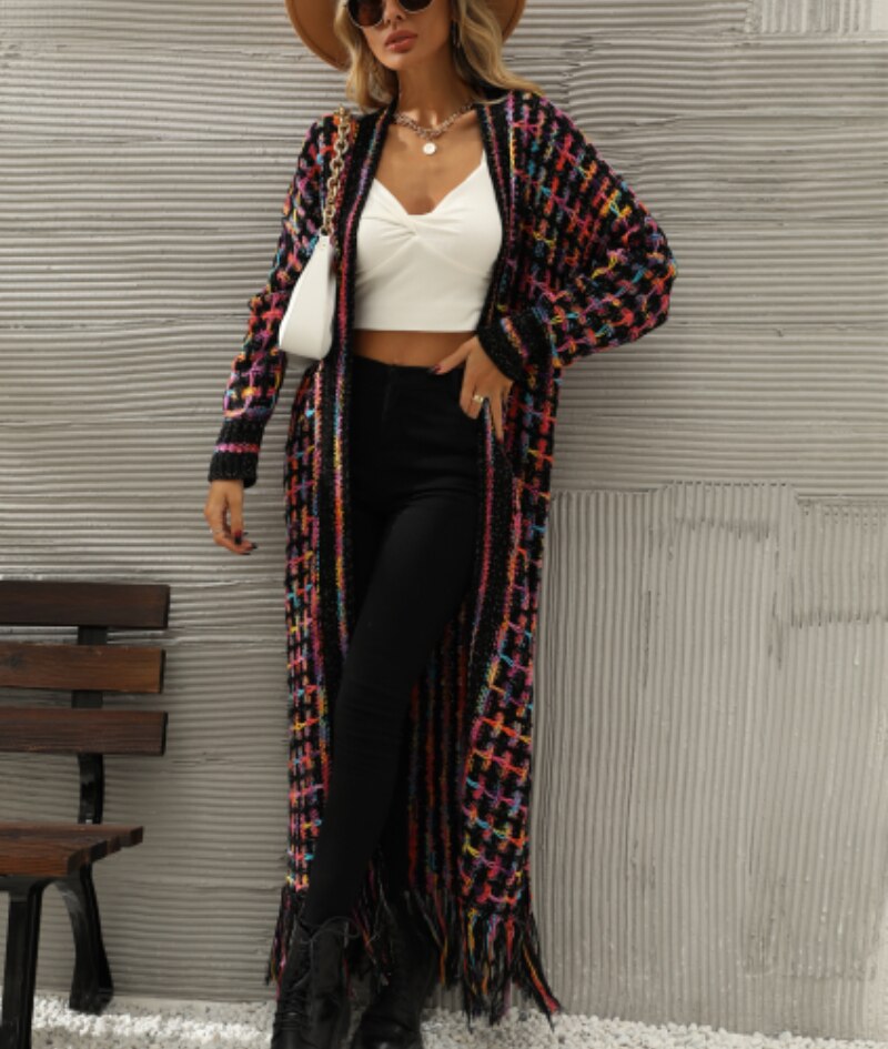 TEELYNN Fashion Women Autumn Winter Boho Cardigan Vintage Tassel Long Knit Sweater Plaid Jacquard Knitwear Warm Sweaters Coats - Hey Love Boutique