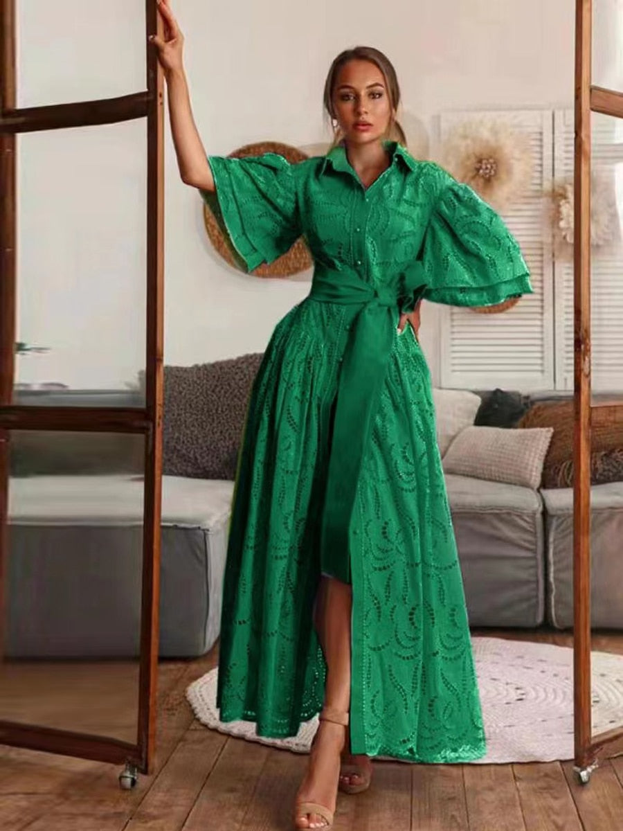 Lotus Leaf Single-Breasted Long Dress