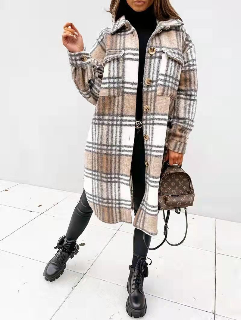 Spring And Autumn New Women's Plaid Brushed Medium Long Woolen Coat - Hey Love Boutique