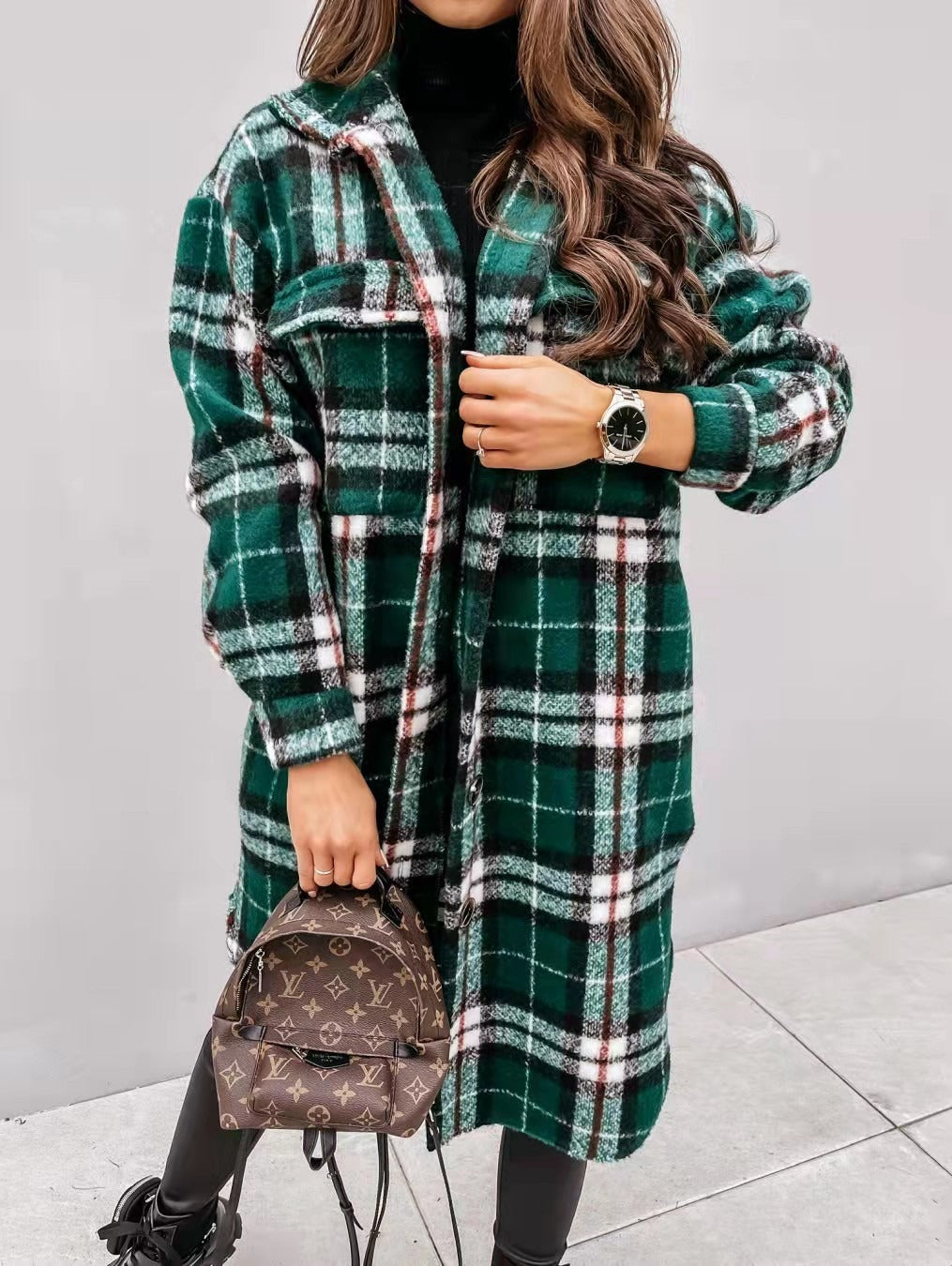 Spring And Autumn New Women's Plaid Brushed Medium Long Woolen Coat - Hey Love Boutique