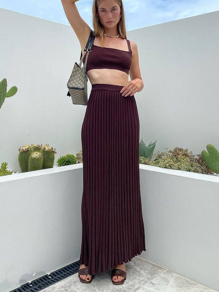 Ribbed Tank Top And Pleated Knitted Skirt Set