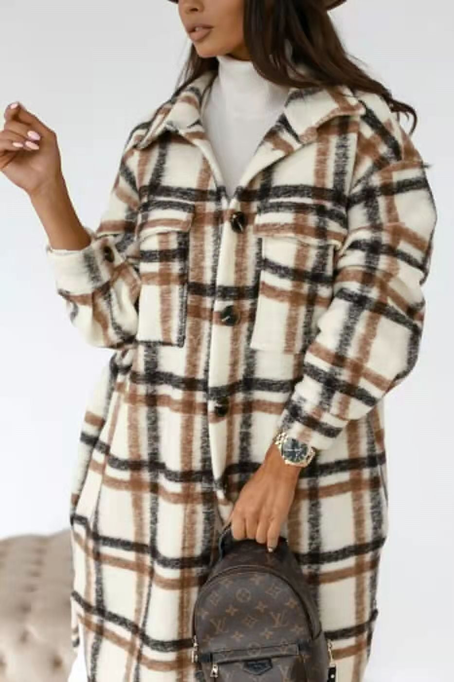 Spring And Autumn New Women's Plaid Brushed Medium Long Woolen Coat - Hey Love Boutique