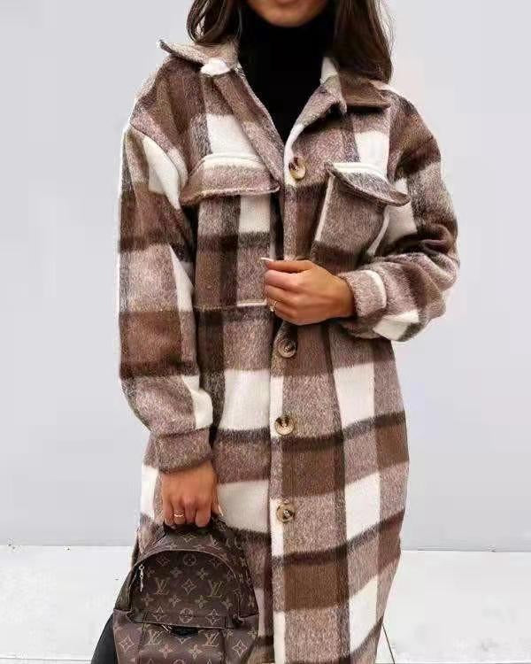 Spring And Autumn New Women's Plaid Brushed Medium Long Woolen Coat - Hey Love Boutique