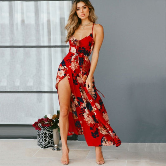 Red Floral Backless Dress