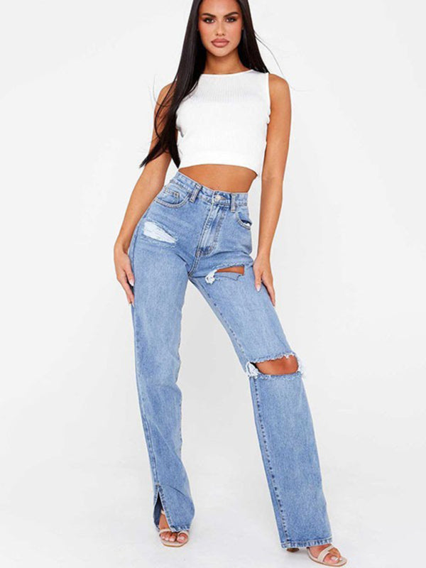 Straight Leg Ankle Slit Flared Jeans