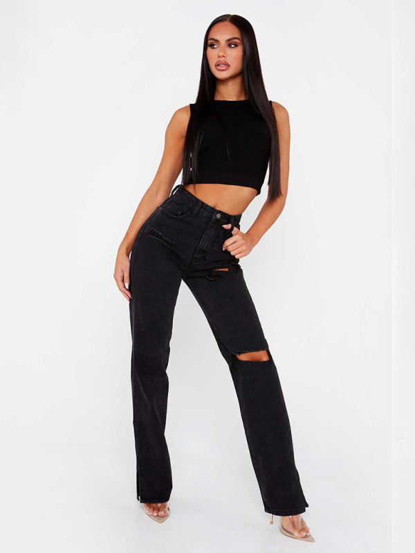 Straight Leg Ankle Slit Flared Jeans