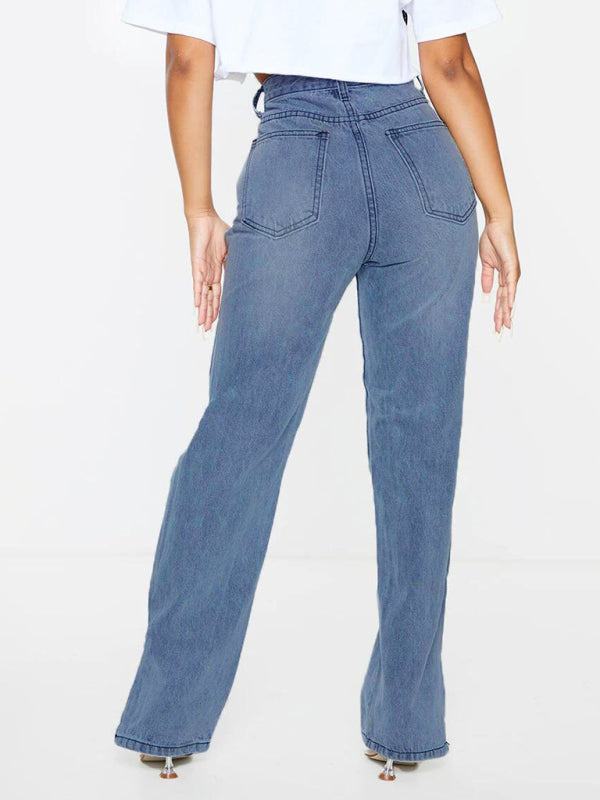 Straight Leg Ankle Slit Flared Jeans