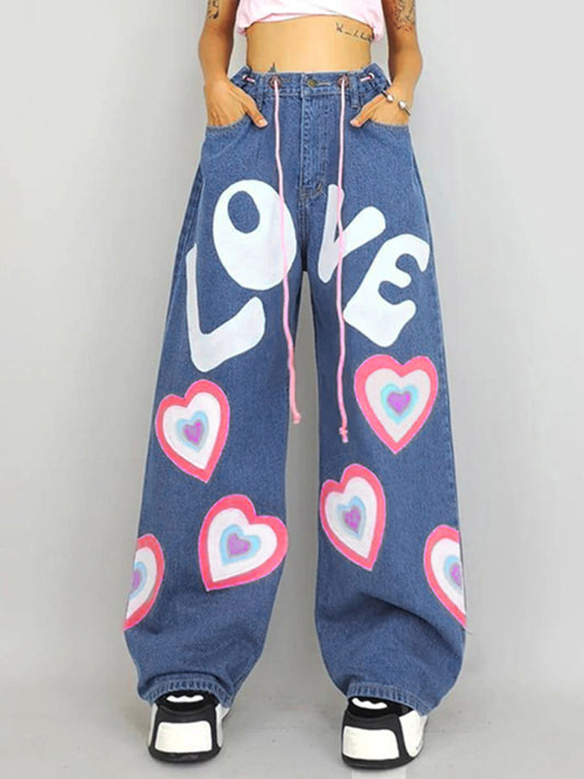 Heart Graffiti Print Loose Jeans