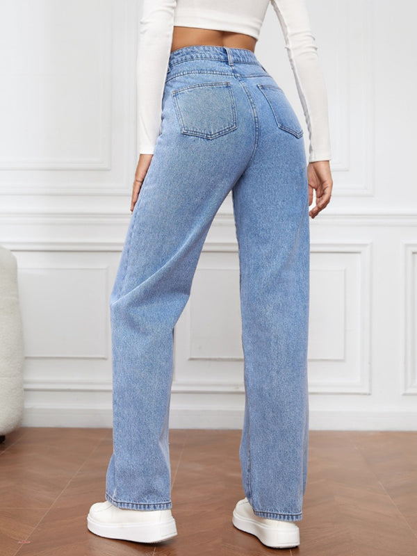 High Waist Washed Straight Leg Jeans