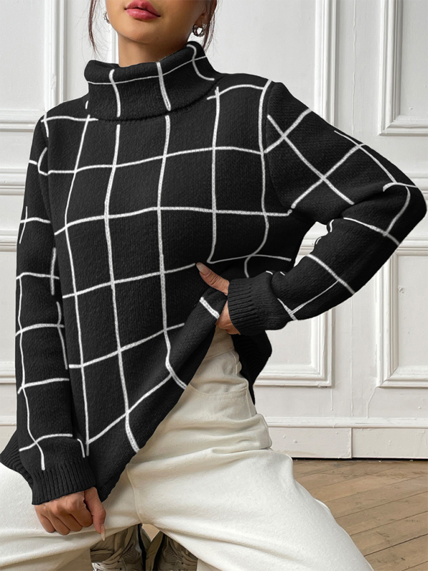 Contrast Plaid Turtleneck Sweater