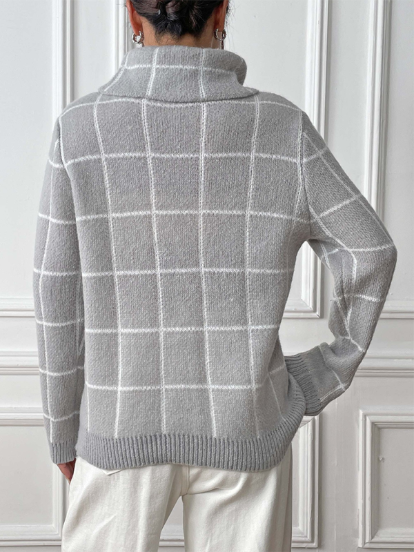 Contrast Plaid Turtleneck Sweater