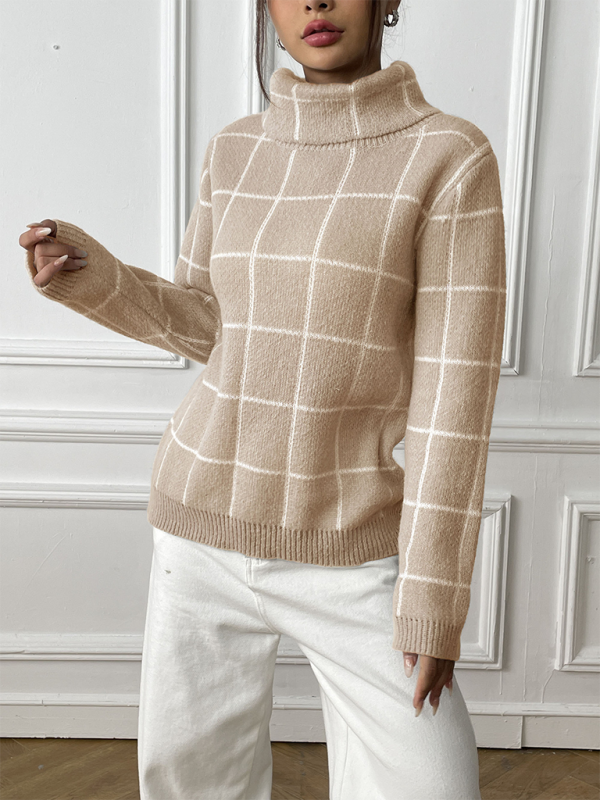 Contrast Plaid Turtleneck Sweater