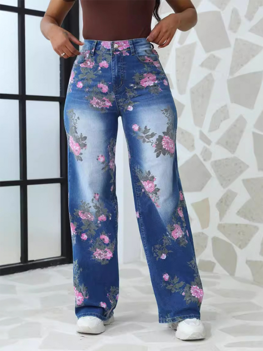 Floral Printed Wide Leg Jeans