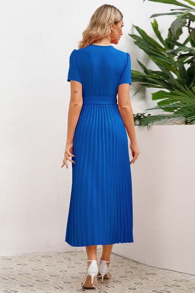 Pleated Short Sleeve Midi Dress