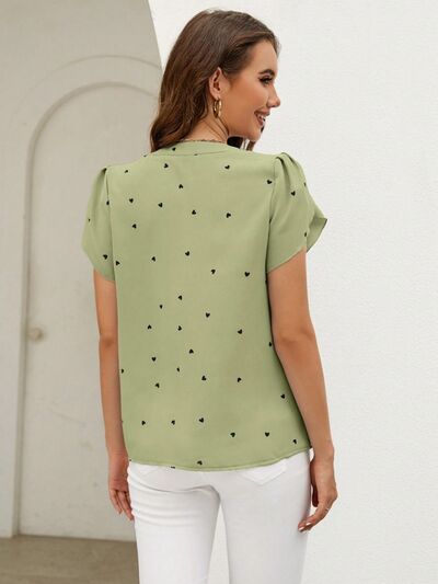 Heart Print Notched Petal Sleeve Blouse - Hey Love Boutique