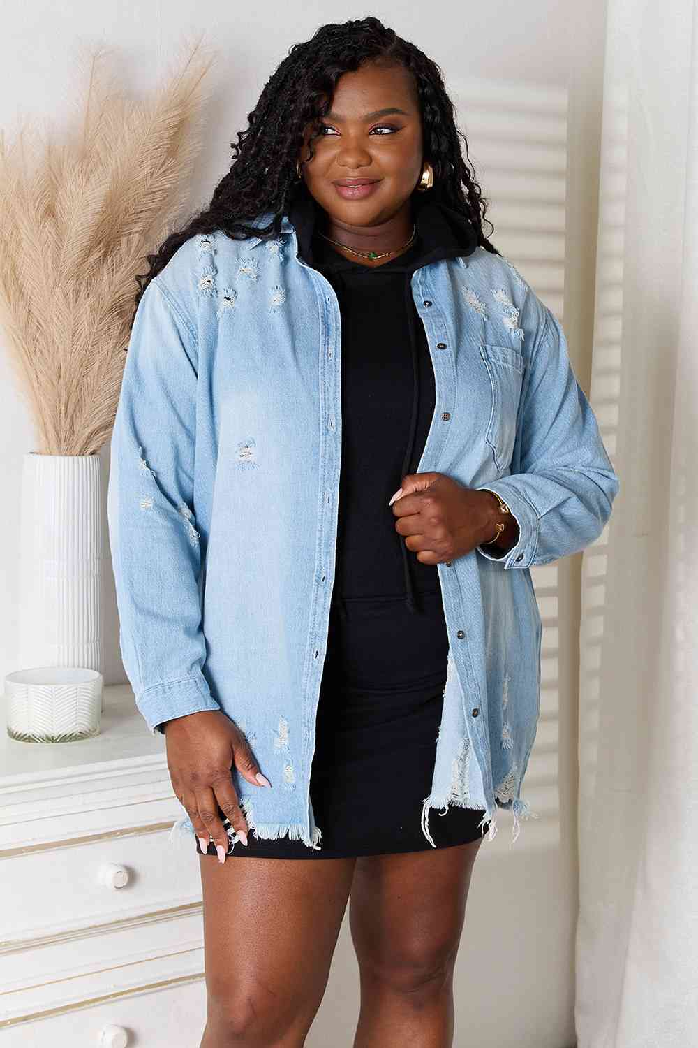 Distressed Raw Hem Denim Jacket