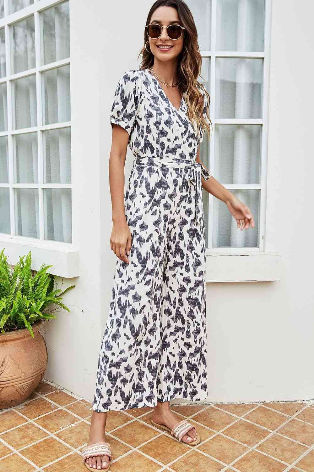 Printed Tie-Waist Surplice Jumpsuit - Hey Love Boutique