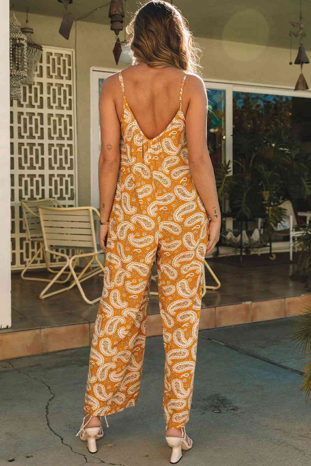 Printed V-Neck Sleeveless Jumpsuit - Hey Love Boutique