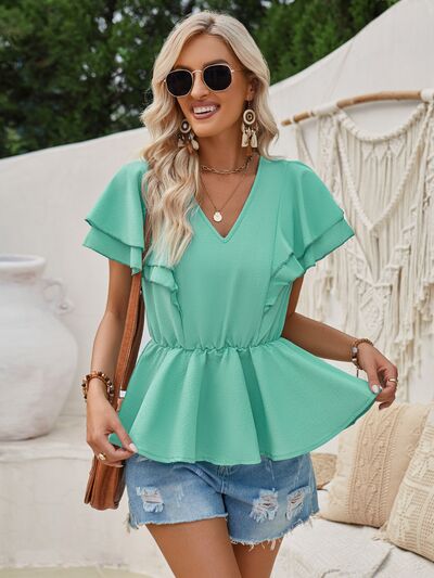 Ruffled V-Neck Peplum Blouse - Hey Love Boutique