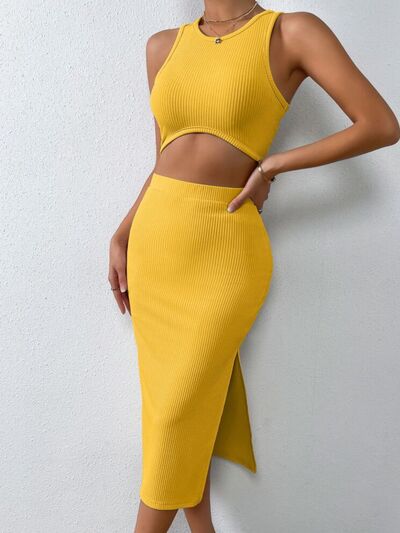 Ribbed Round Neck Tank and Slit Skirt Sweater Set - Hey Love Boutique