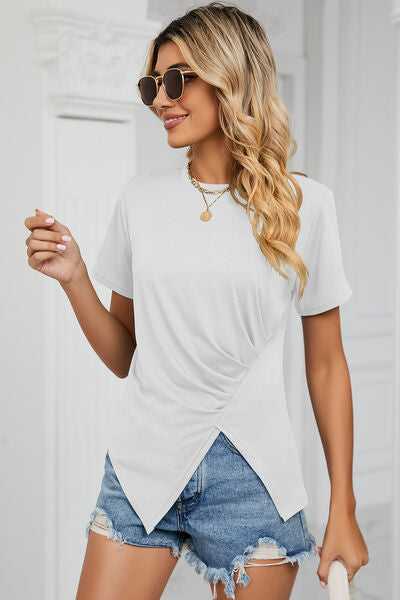 Ruched Round Neck Short Sleeve T-Shirt - Hey Love Boutique