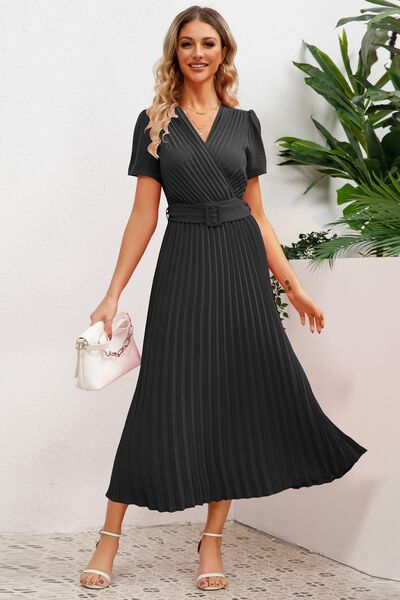 Pleated Short Sleeve Midi Dress