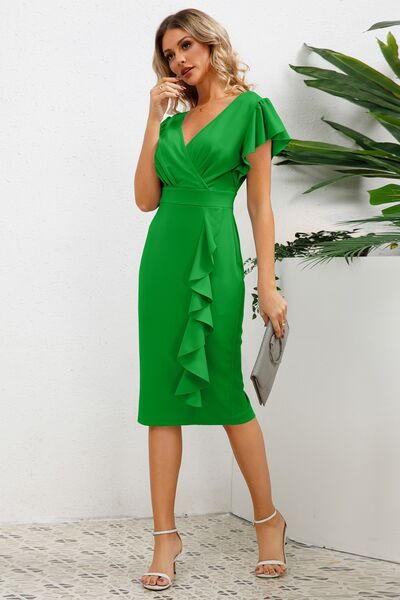 Ruffled Slit Surplice Cap Sleeve Dress - Hey Love Boutique