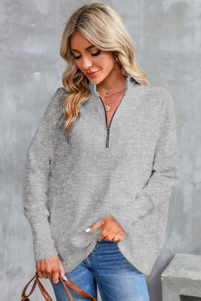 Half Zip Pocketed Dropped Shoulder Sweatshirt - Hey Love Boutique