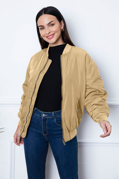 Zip Up Dropped Shoulder Jacket - Hey Love Boutique