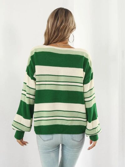 Striped V-Neck Dropped Shoulder Sweater - Hey Love Boutique