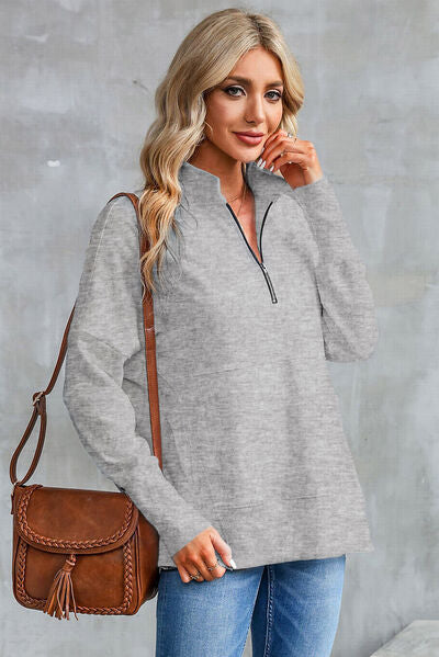 Half Zip Pocketed Dropped Shoulder Sweatshirt - Hey Love Boutique