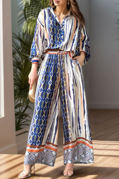 Printed Lantern Sleeve Top and Wide Leg Pants Set - Hey Love Boutique