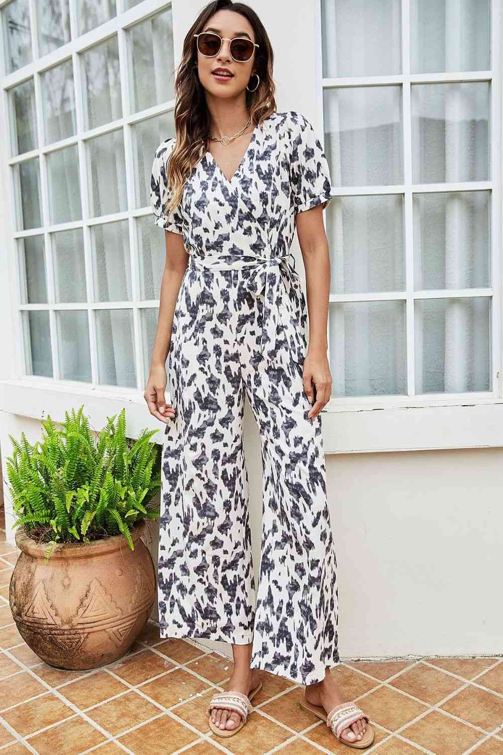 Printed Tie-Waist Surplice Jumpsuit - Hey Love Boutique