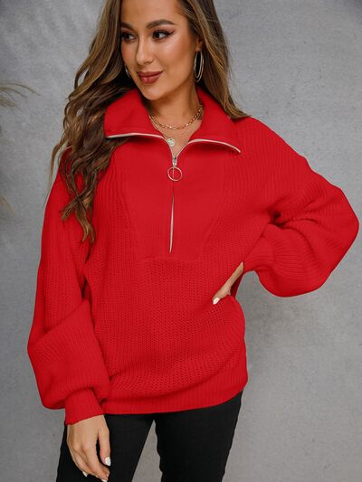 Half Zip Dropped Shoulder Sweater - Hey Love Boutique