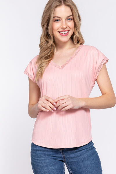 Lace Trim Ribbed Top - Hey Love Boutique