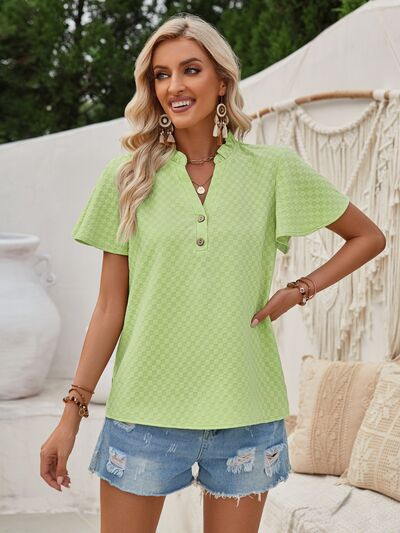 Checkered Notched Flutter Sleeve Blouse - Hey Love Boutique