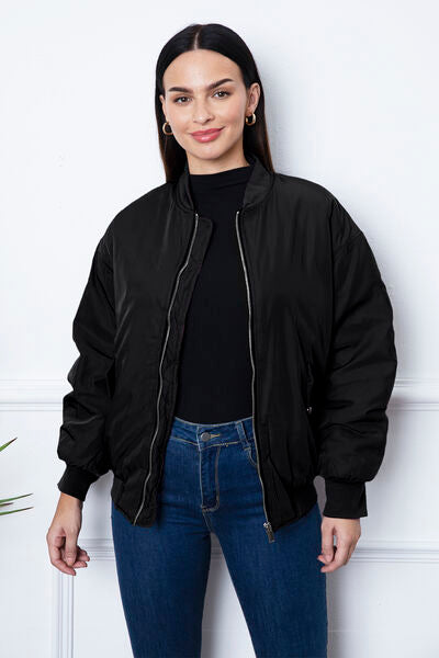 Zip Up Dropped Shoulder Jacket - Hey Love Boutique