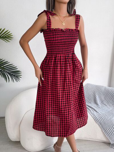 Frill Plaid Square Neck Midi Dress - Hey Love Boutique