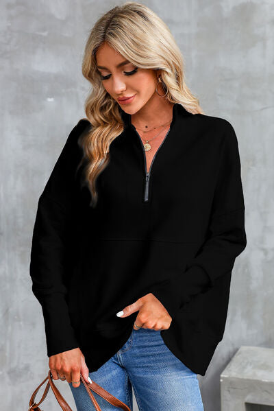 Half Zip Pocketed Dropped Shoulder Sweatshirt - Hey Love Boutique