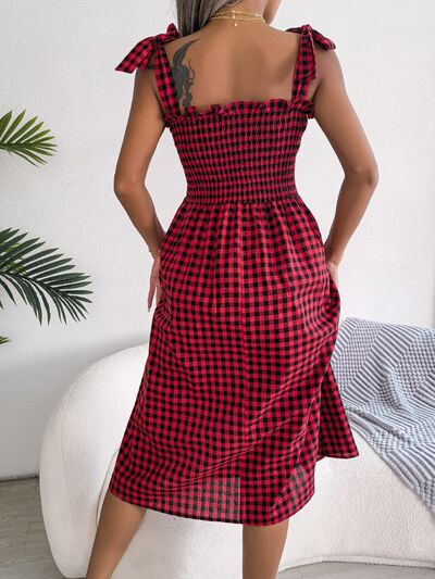 Frill Plaid Square Neck Midi Dress - Hey Love Boutique