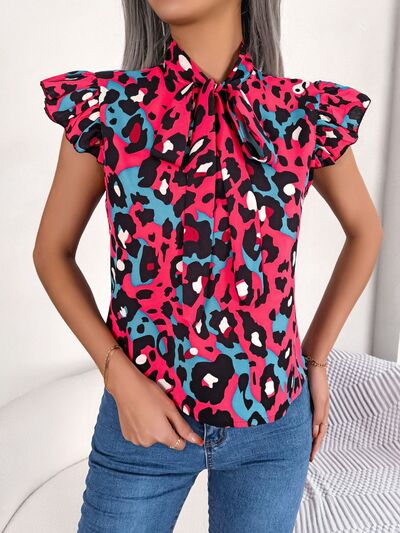 Leopard Tie Neck Cap Sleeve Blouse - Hey Love Boutique